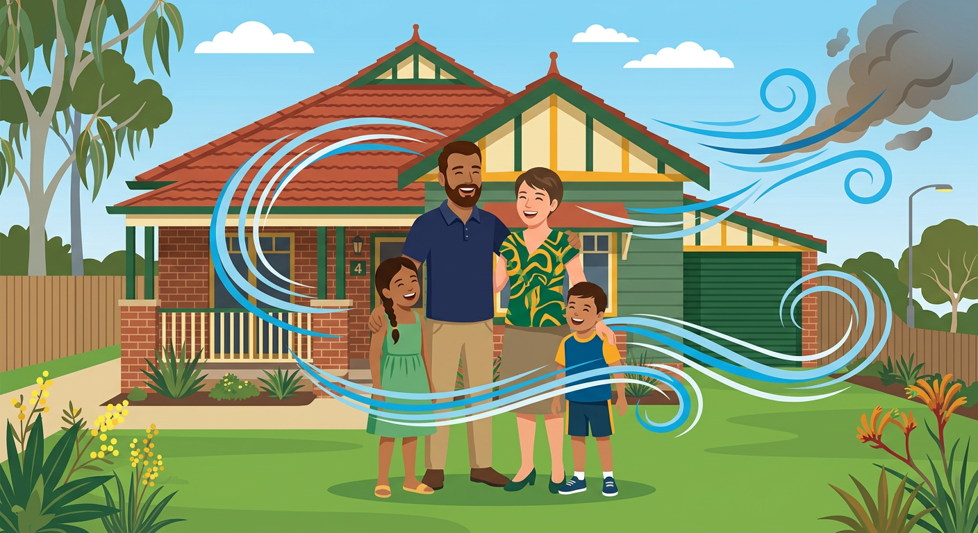Smoke-free family home illustration - family breathing clean fresh air